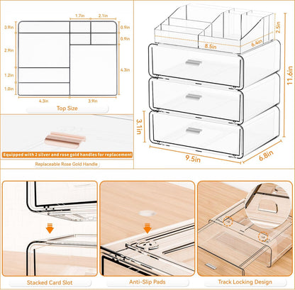 Yieach Clear Acrylic Makeup Organizers Countertop for Dresser,Desk,Bathroom Vanity,3 Tier Stackable Make up Holders and Makeup Cabinet,Tiered Cosmetic Storage and Make up Containers for Palette,Brush