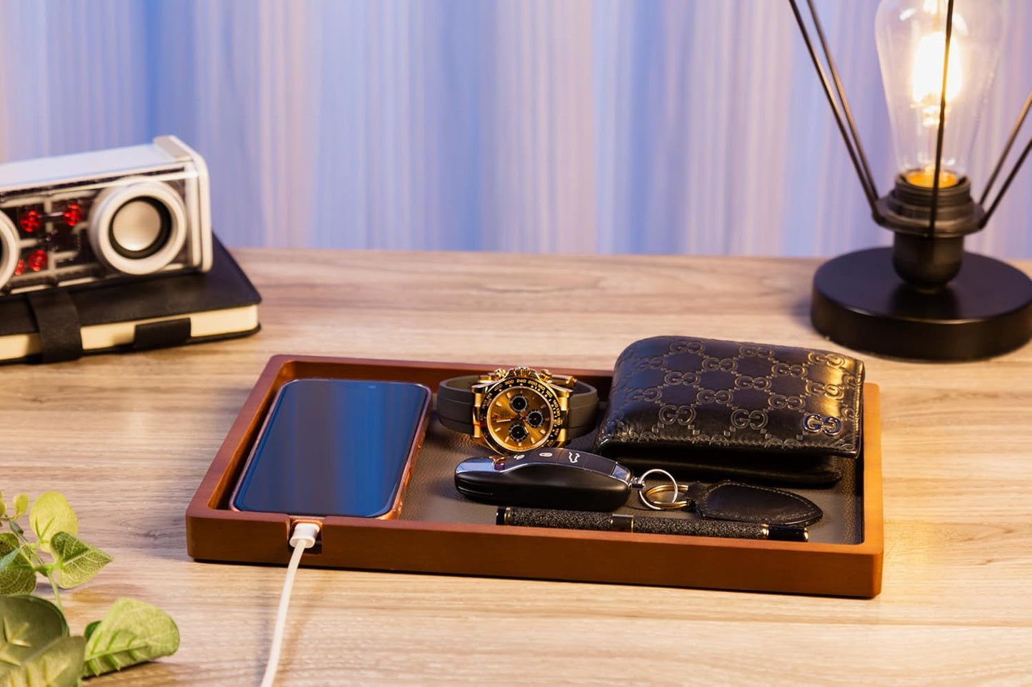 Shinpuru Wooden Valet Tray for Men, Nightstand Organizer with Leather Inlay, EDC Essentials Catchall Tray for Keys, Phone, Wallet, Watch, Earbuds - Bedside Desk Entryway Tray (Wood)