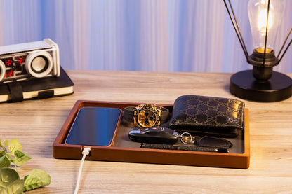 Shinpuru Wooden Valet Tray for Men, Nightstand Organizer with Leather Inlay, EDC Essentials Catchall Tray for Keys, Phone, Wallet, Watch, Earbuds - Bedside Desk Entryway Tray (Wood)
