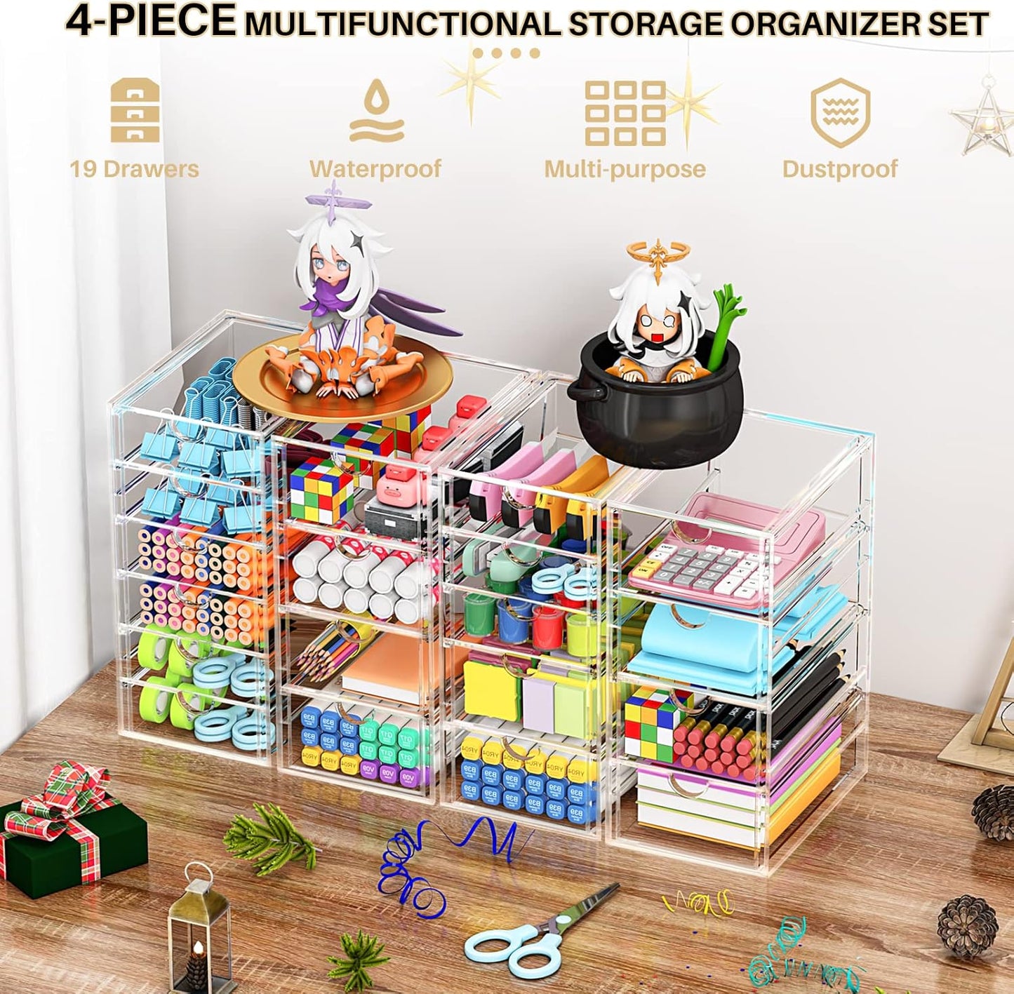 YFXCVSL Acrylic Makeup Organizer with 19 Drawers, 4 Pack Clear Storage Drawers, Bathroom Makeup Organizer for Palettes, Cosmetic, and Beauty Supplies,Ideal for Vanity, Cabinet,Desk Organization