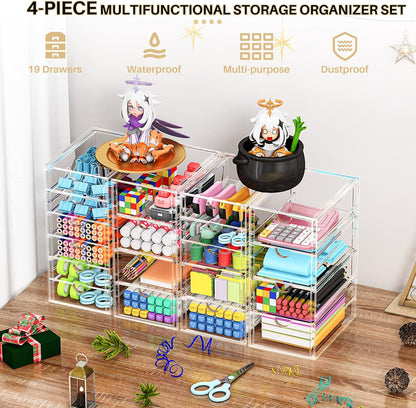 YFXCVSL Acrylic Makeup Organizer with 19 Drawers, 4 Pack Clear Storage Drawers, Bathroom Makeup Organizer for Palettes, Cosmetic, and Beauty Supplies,Ideal for Vanity, Cabinet,Desk Organization