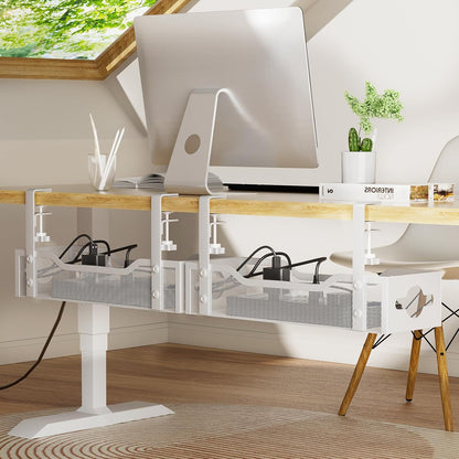Under Desk Cable Management Tray No Drill, Metal Mesh Cable Management Under Desk with Clamp Mount, 2 Hole Cable Tray with Wire Management and Cord Organizer for Home Office Standing Desk