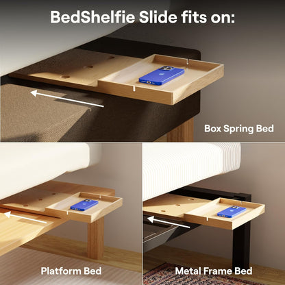 BedShelfie Bedside Shelf for Dorm Room Bunk Bed & Top Bunk, College Dorm Room Essentials, Bedside Caddy, Clip on Floating Desk Tray, Bed Side Table Storage, Loft Nightstand Decor - Black Wood Slide