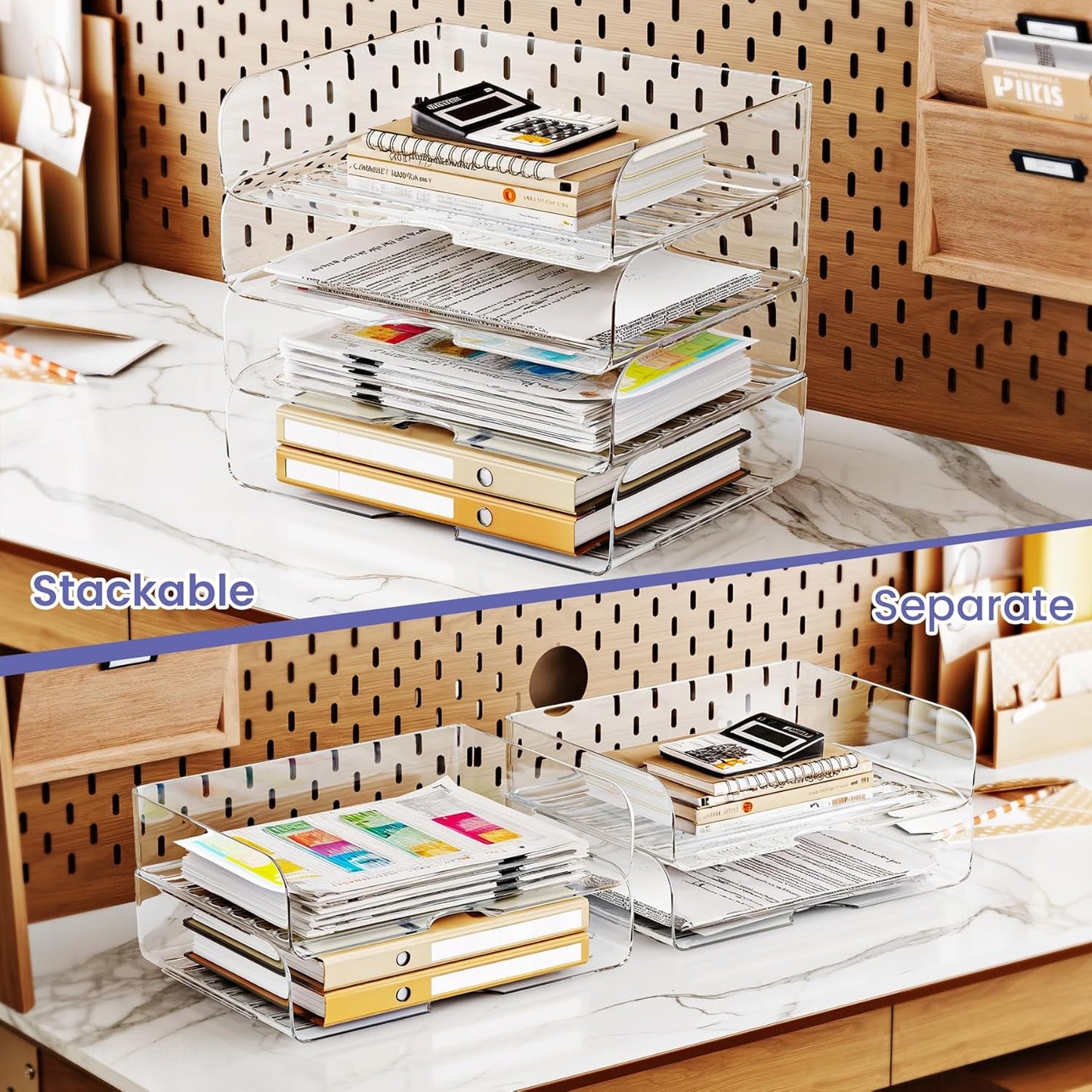 Tomorotec Desk Letter Tray Set, A4 Size Clear PET Stackable Document Organizer Office Desktop File Paper Holder Book Storage Rack Side Load Anti-Skid Stacking Support Convex Bottom (2X Landscape)