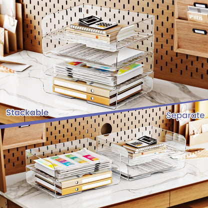 Tomorotec Desk Letter Tray Set, A4 Size Clear PET Stackable Document Organizer Office Desktop File Paper Holder Book Storage Rack Side Load Anti-Skid Stacking Support Convex Bottom (2X Landscape)