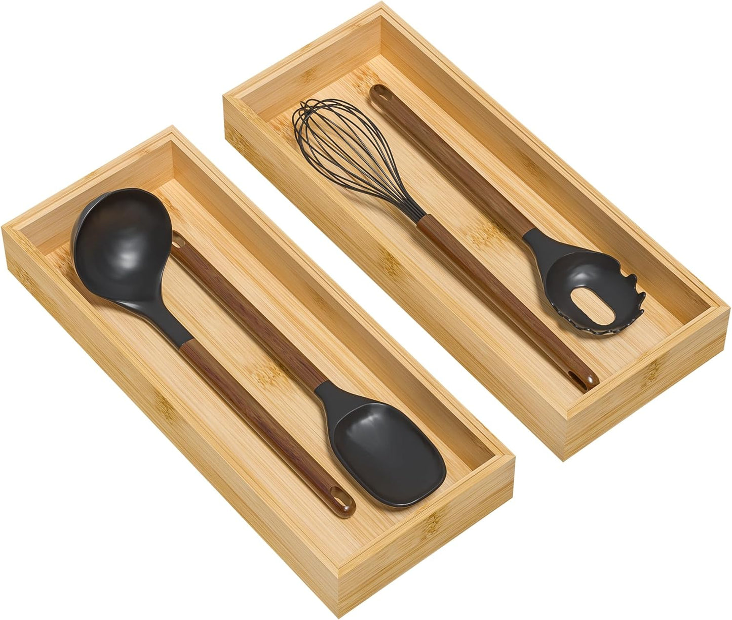 Lixple Bamboo Drawer Organizer, Cutlery Silverware Organizer for Kitchen Drawer, Stackable Utensil Organizer, 2 Pcs Flatware Organizer for Drawer, Wooden Storage Box Tray (Bamboo, 9 X 6 X 2 Inch)