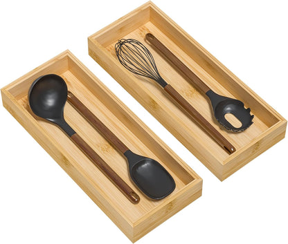 Lixple Bamboo Drawer Organizer, Cutlery Silverware Organizer for Kitchen Drawer, Stackable Utensil Organizer, 2 Pcs Flatware Organizer for Drawer, Wooden Storage Box Tray (Bamboo, 9 X 6 X 2 Inch)