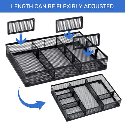 Neudeco Desk Drawer Organizer with 6 Adjustable Dividers, Metal Mesh Pen Organizer for Desk Drawer, Office Supplies Tray (Pack of 4, Black)