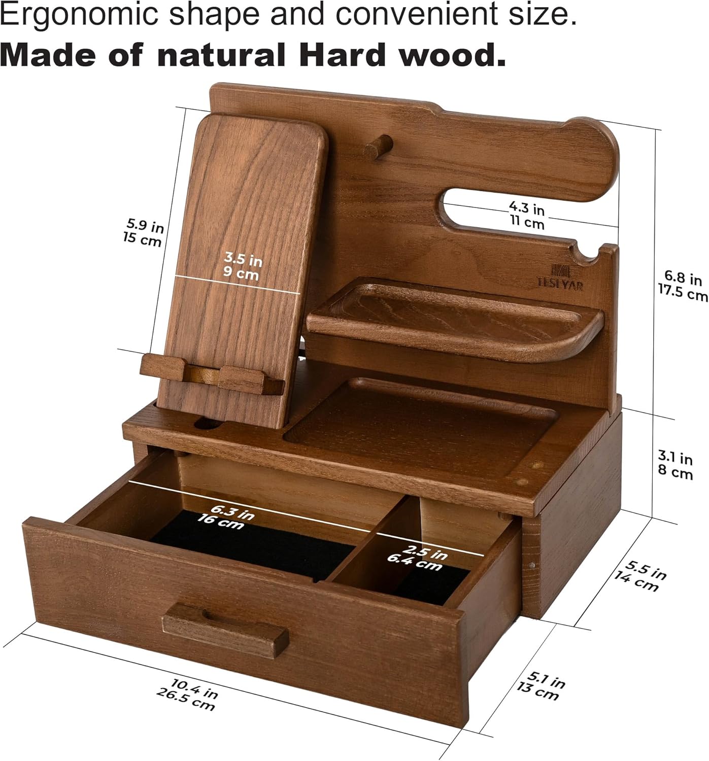 TESLYAR Wood Phone Docking Station with Drawer - Nightstand Organizer - Desk Organizer for Husband - Birthday Gifts for Men, Dad, Anniversary Idea, Key Holder Stand Watch & Accessories (Antique Brown)