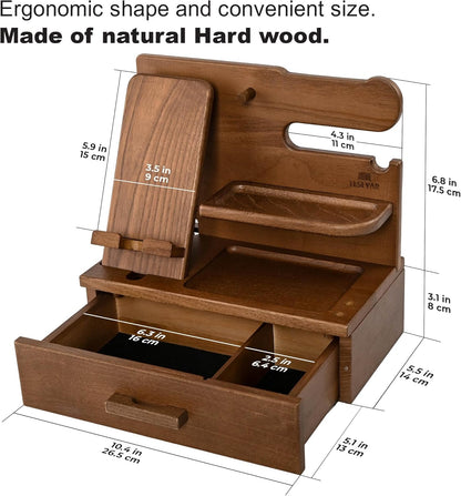 TESLYAR Wood Phone Docking Station with Drawer - Nightstand Organizer - Desk Organizer for Husband - Birthday Gifts for Men, Dad, Anniversary Idea, Key Holder Stand Watch & Accessories (Antique Brown)