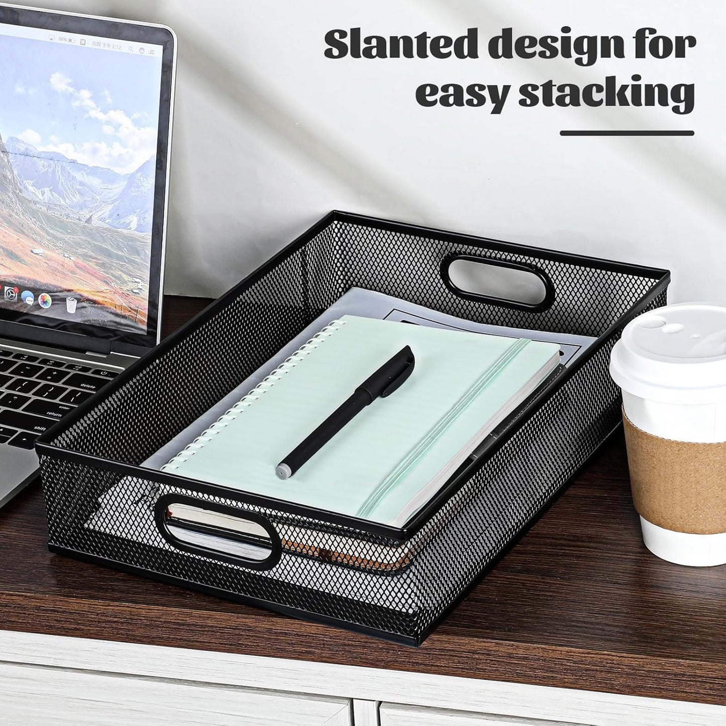 Desk Drawer Organizer, A4 Large Black Mesh Drawer Organizer Portable Desk Paper Letter Mail Basket Tray Versatile Metal Wire Storage Tray with Handle for Home Office Organizing Supplies, 13 X 9 Inches