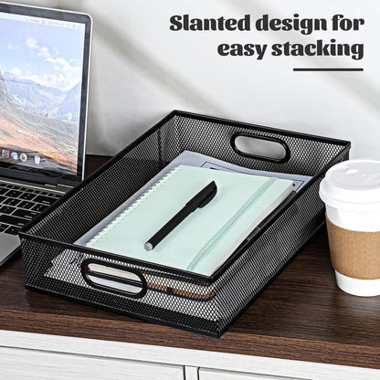 Desk Drawer Organizer, A4 Large Black Mesh Drawer Organizer Portable Desk Paper Letter Mail Basket Tray Versatile Metal Wire Storage Tray with Handle for Home Office Organizing Supplies, 13 X 9 Inches