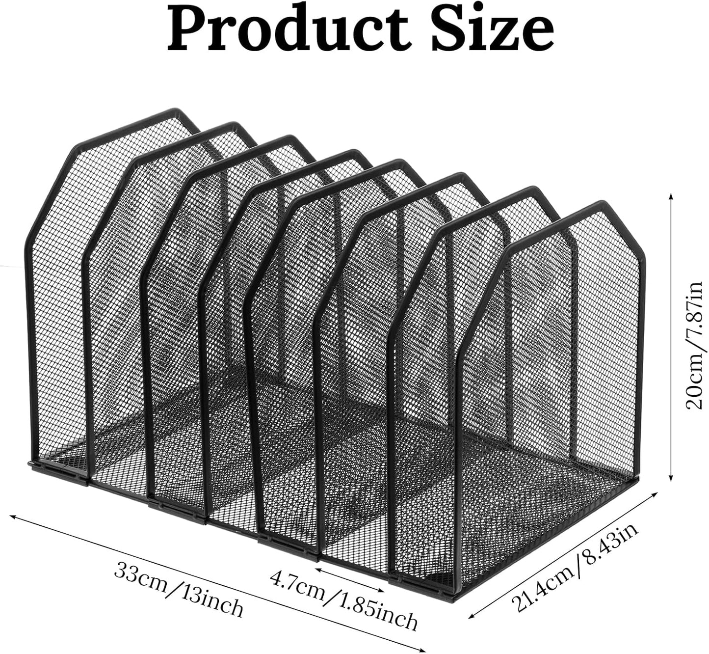 Metal Mesh File Organizer, Adjustable 7 Section Vertical Desk File Holder, Black Office Heavy-Duty Document Sorter for Books Binders, Laptops