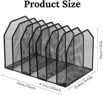 Metal Mesh File Organizer, Adjustable 7 Section Vertical Desk File Holder, Black Office Heavy-Duty Document Sorter for Books Binders, Laptops
