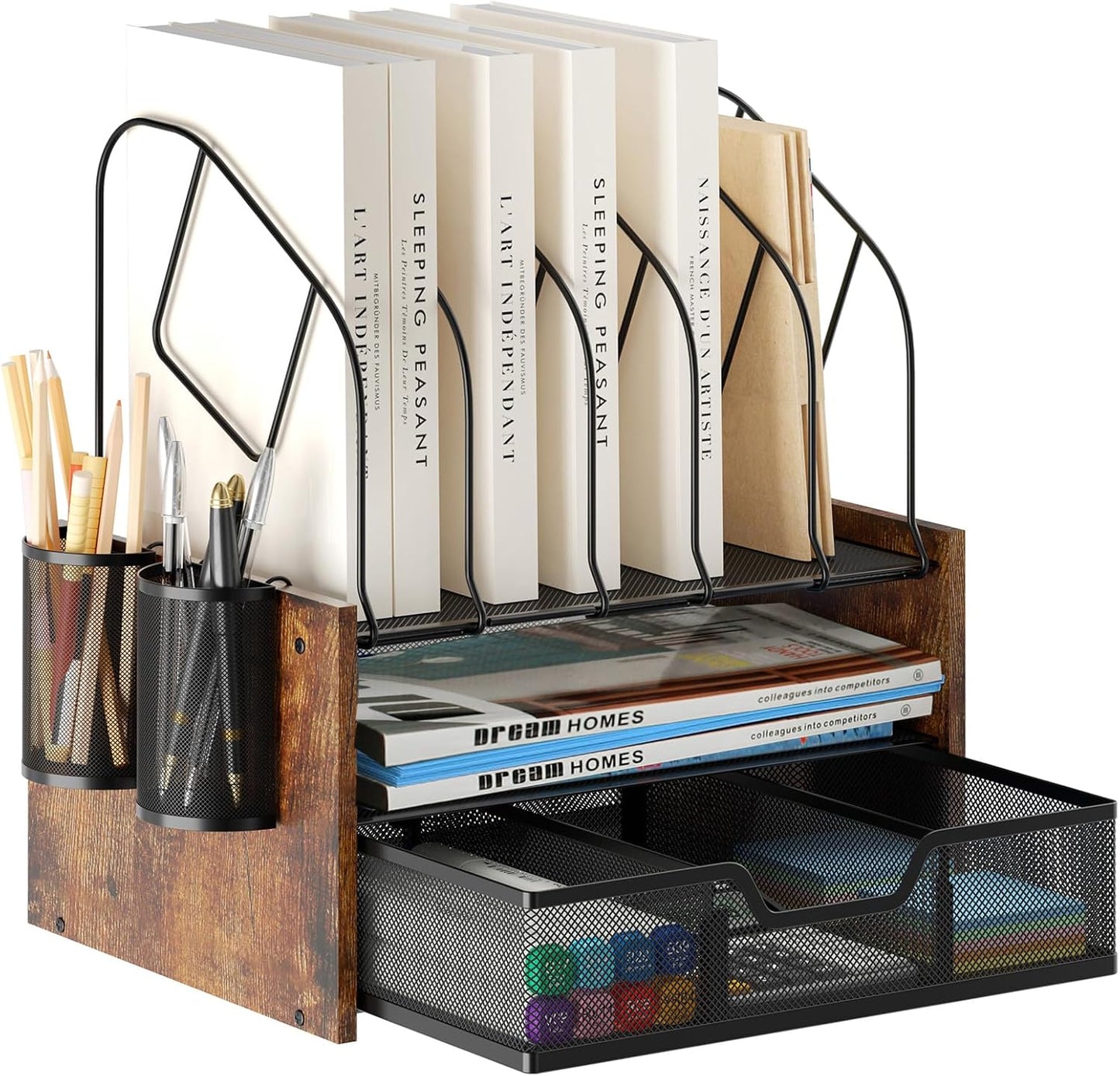 Wood Desk Organizer - 3-Tier Desktop File Organizer with Drawer, Wooden Paper Tray, Office Desk Organzier and Accessories for Papers, Mail, Notebooks, Stationery