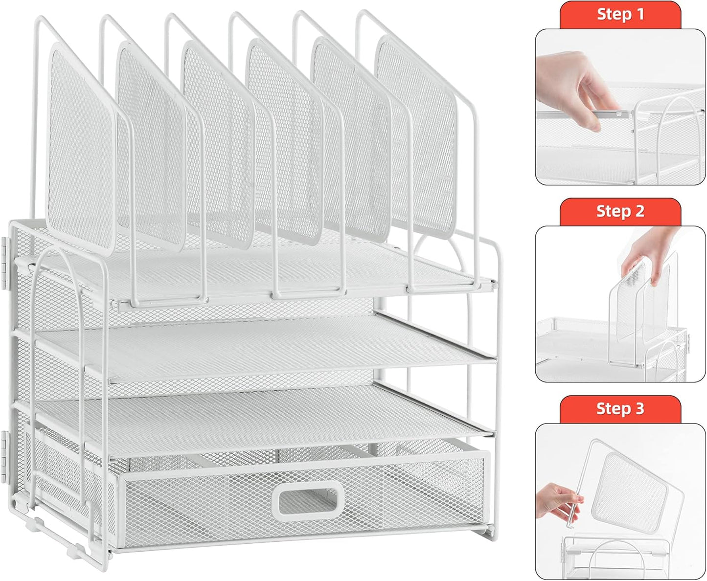 Marbrasse Desk Organizer with Drawer, 4-Tier Mesh File Organizer with 5 Vertical File Holders and 2 Pen Holders, Multifunction Desktop Organizer,Desk Organizers and Accessories for Home Office
