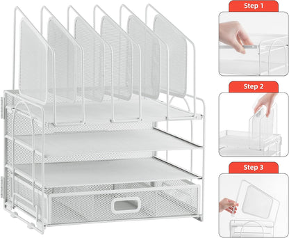 Marbrasse Desk Organizer with Drawer, 4-Tier Mesh File Organizer with 5 Vertical File Holders and 2 Pen Holders, Multifunction Desktop Organizer,Desk Organizers and Accessories for Home Office