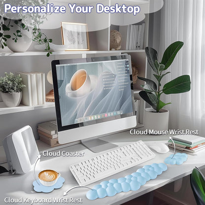 Sushret Cloud Wrist Rest for Keyboard and Mouse, Memory Foam PU Leather Keyboard Wrist Rest with Ergonomic Support, Non-Slip Base, Cute Arm Rest Pad & Palm Cushion, Office Desk Accessory, White