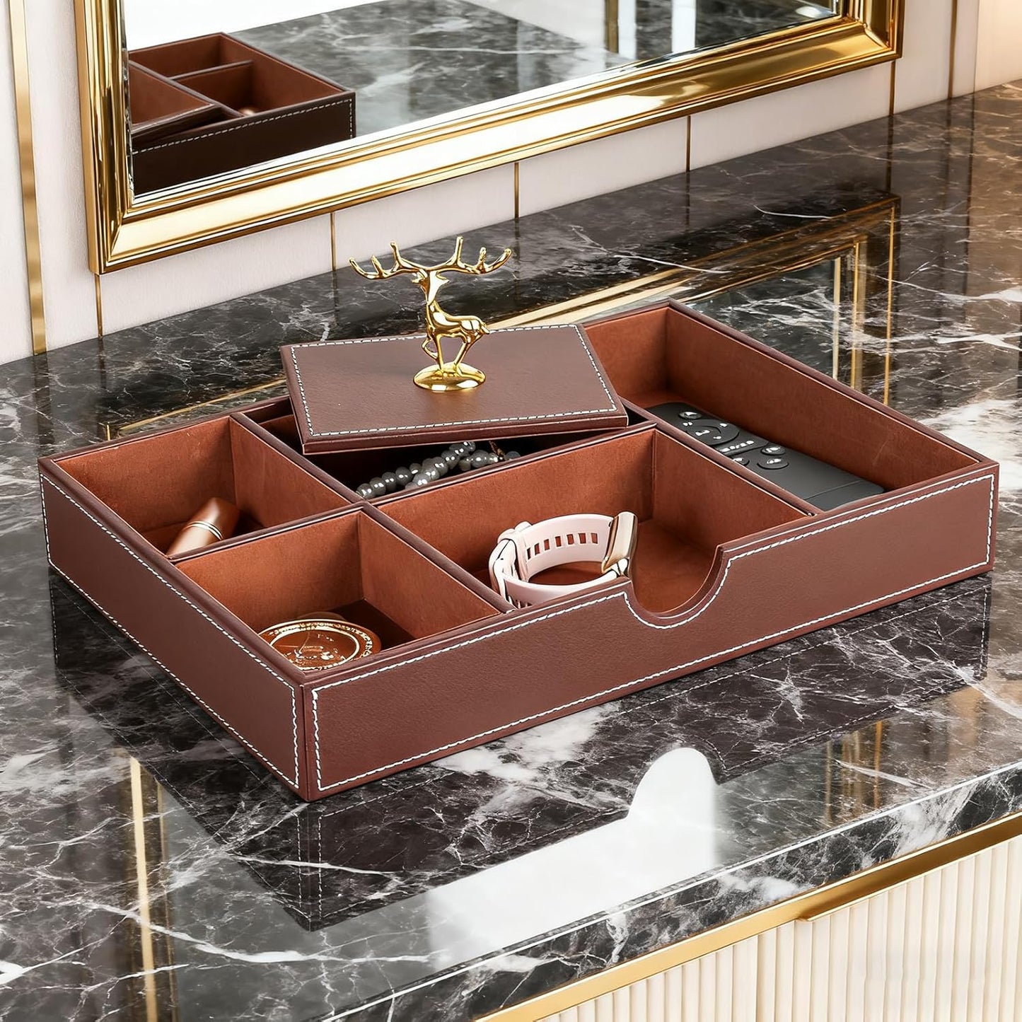 Jewelry Trays Nightstand Organizer, Valet Tray for Men and Women, Dressing Table Storage Box, Dark Brown Faux Leather, 5 Compartment