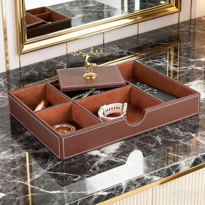 Jewelry Trays Nightstand Organizer, Valet Tray for Men and Women, Dressing Table Storage Box, Dark Brown Faux Leather, 5 Compartment