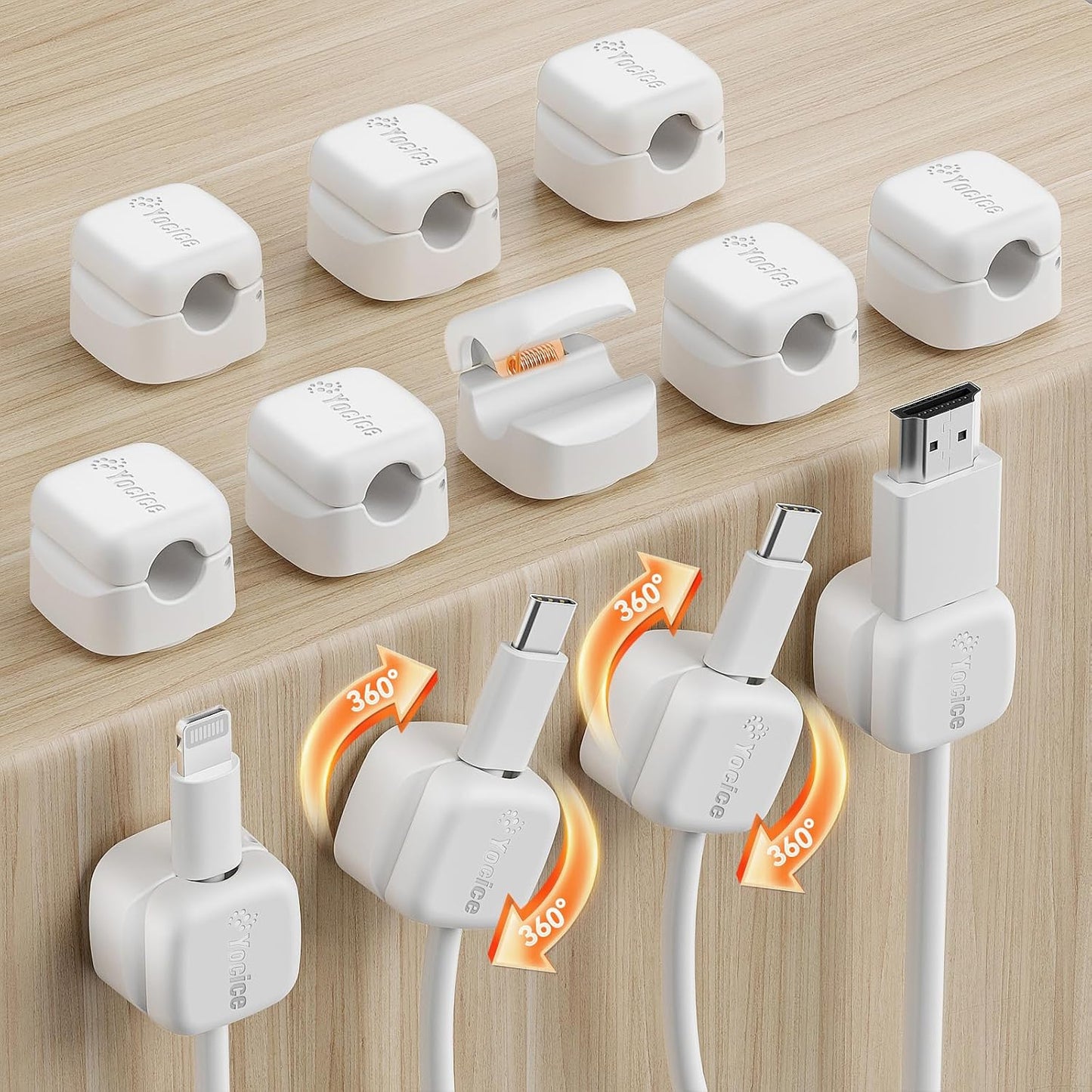 6Pack Rotatable Cord Organizer,Spring Cable Clips Desk Cable Management Cord Holder Adhesive Phone Charger Cord Clips for Home Office Car Wall Nightstand Accessories, Clear