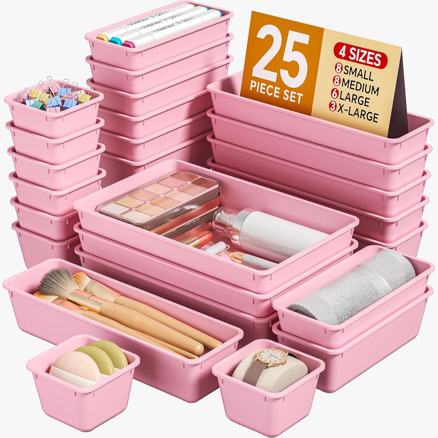 KEMETHY 25 PCS Plastic Drawer Organizers Set, 4 Sizes Vanity Organizer, Makeup and Desk Drawer Organizer Trays, Organization and Storage for Makeup, Bathroom, Kitchen Utensils and Office (Black)