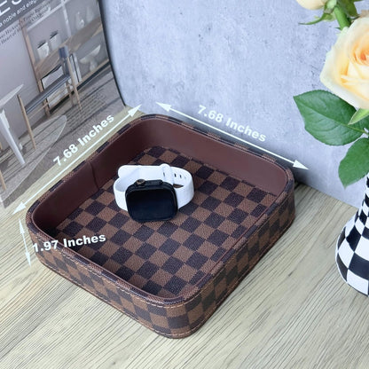 Leather Valet Tray for Men (Solid Wood Inside), Key Trays Bowl for Entryway Table, EDC Catch All Dish, Organizer Decorative Tray for Cologne Jewelry Perfume Watch Wallet- Brown Checkered PU