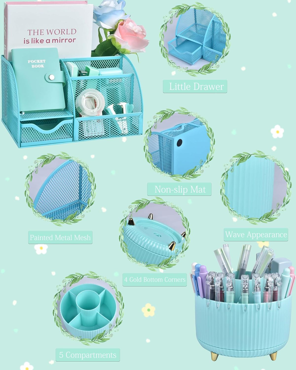 LXEVIHK 21Pcs Pink Desk Organizers and Accessories With Mesh Desk Organizer and 360°Rotating Pen Holder and a Lot of Office Pink Office Supplies Beautifully Presented in a Gift Box