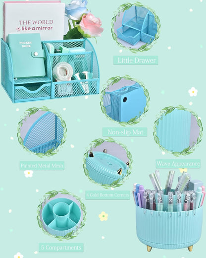 LXEVIHK 21Pcs Pink Desk Organizers and Accessories With Mesh Desk Organizer and 360°Rotating Pen Holder and a Lot of Office Pink Office Supplies Beautifully Presented in a Gift Box
