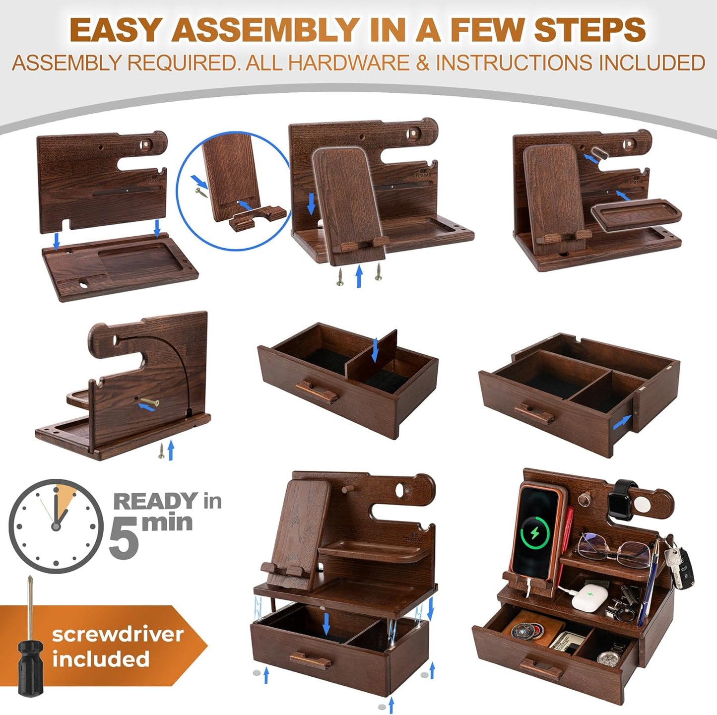 TESLYAR Wood Phone Docking Station with Drawer - Nightstand Organizer - Desk Organizer for Husband - Birthday Gifts for Men, Dad, Anniversary Idea, Key Holder Stand Watch & Accessories (Antique Brown)