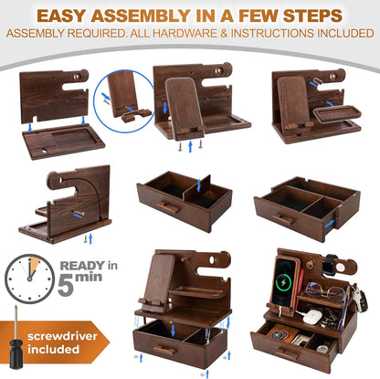 TESLYAR Wood Phone Docking Station with Drawer - Nightstand Organizer - Desk Organizer for Husband - Birthday Gifts for Men, Dad, Anniversary Idea, Key Holder Stand Watch & Accessories (Antique Brown)
