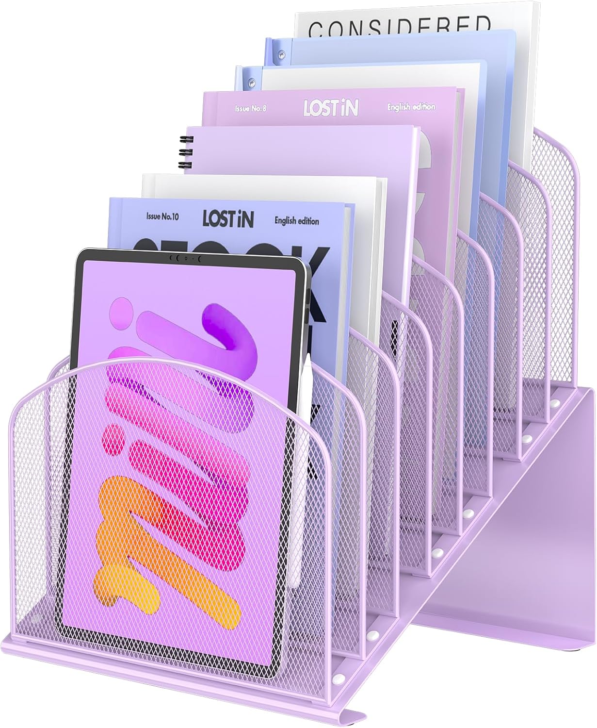 Inclined Desk File Organizer Metal Desk Magazine Folder Holder with 8-Section Vertical Compartments Rack File Organizer for Office, Home, School, Black