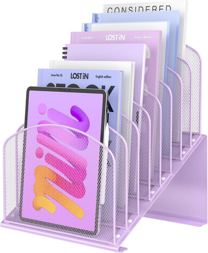 Inclined Desk File Organizer Metal Desk Magazine Folder Holder with 8-Section Vertical Compartments Rack File Organizer for Office, Home, School, Black