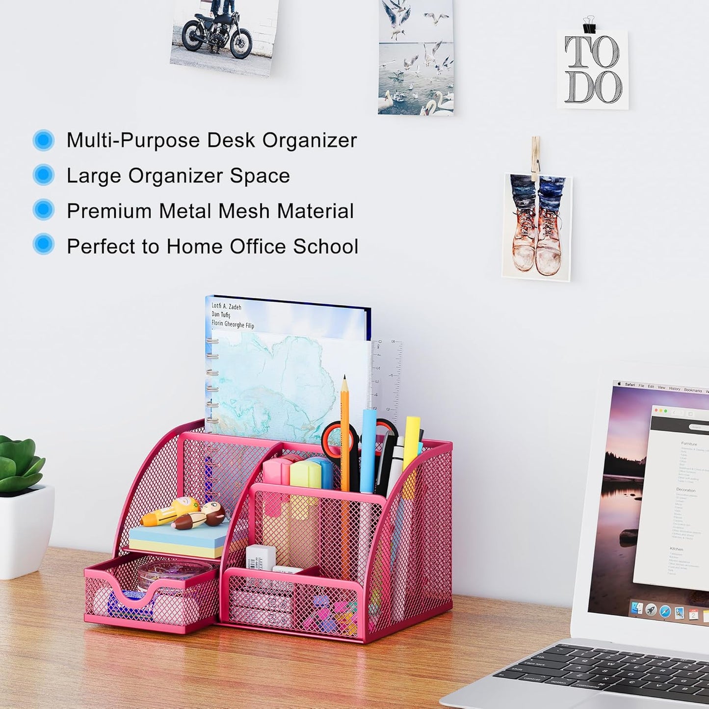 EasyPAG Mesh Desk Organizer with Drawer Multi-functional Pen Holder Stationery Organizer for Office School Supplies 6 Compartments Dorm Organizers and Storage for Desk, Black