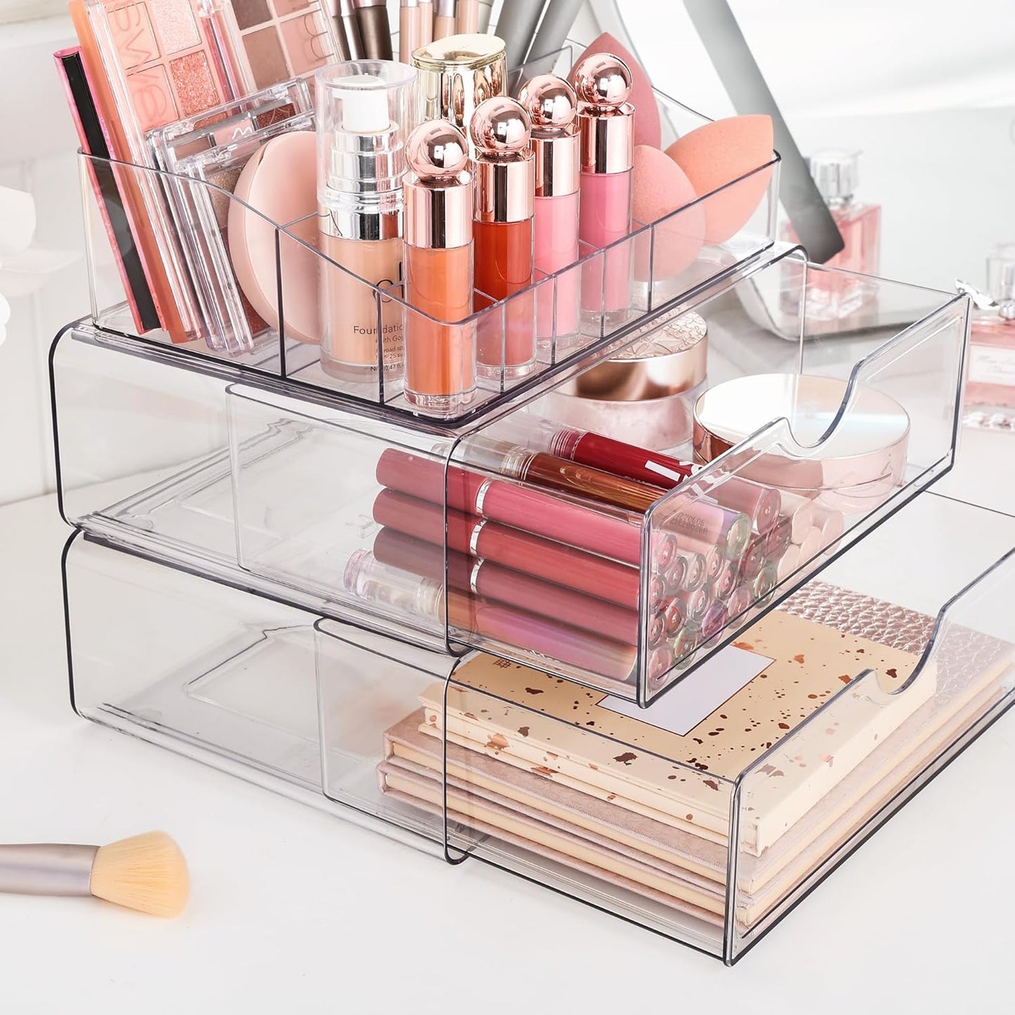 Vtopmart 3 Tier Clear Makeup Organizer with Drawer, Cosmetic Storage for Dresser Countertop and Bathroom Vanity, Beauty Holder for Lipstick Brush Skincare
