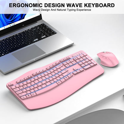 Wireless Keyboard and Mouse Combo, 2.4G Full Size Wave Keys Ergonomic Keyboard with Wrist Rest and 3-Level DPI Adjustable Wireless Ergonomic Mouse for Windows, Mac OS Desktop/Laptop/PC(Black)