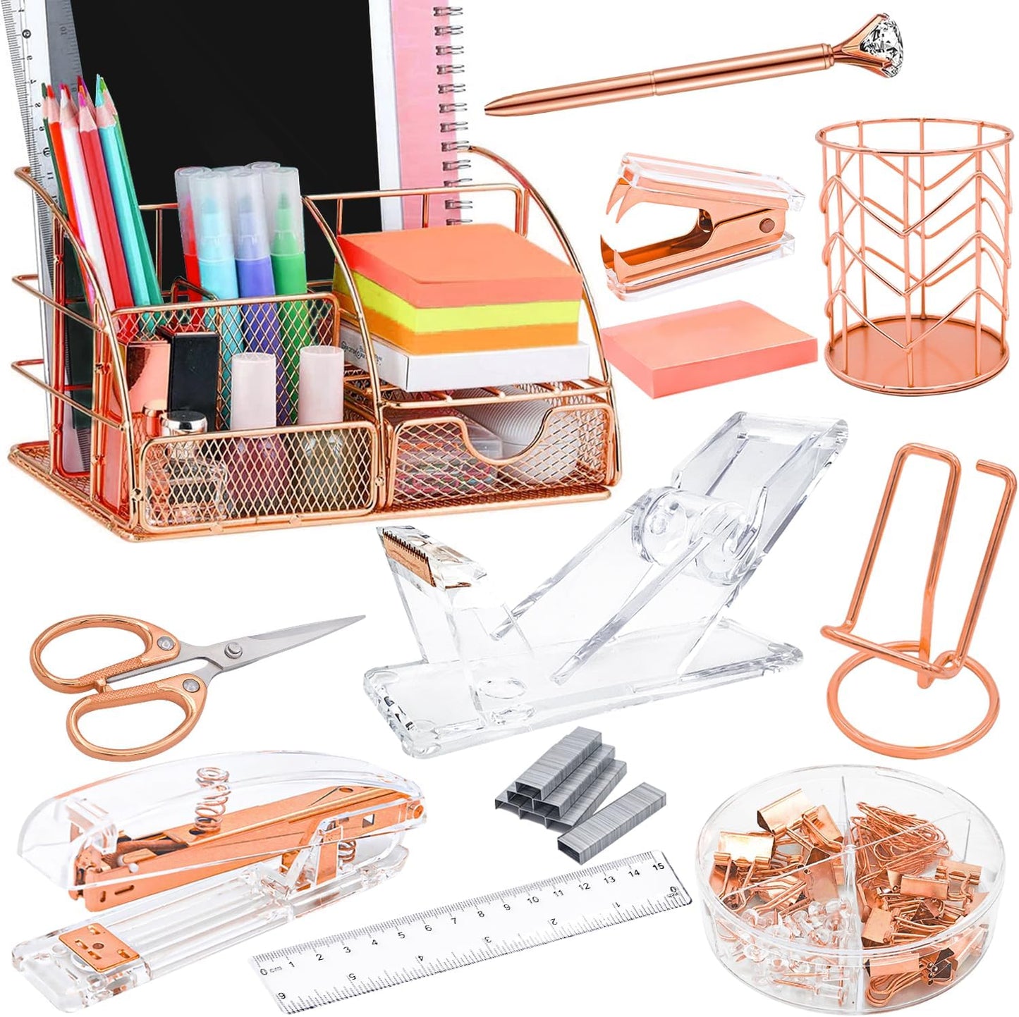 Gold Desk Organizers,Desk Accessories,Office Supplies Set,13PS Set with Acrylic Stapler,Tape Dispenser,Staple Remover,Pen Holder,Clips,Scissor, Phone Holder,Pen