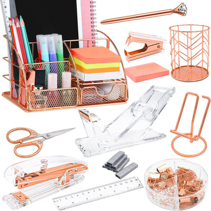 Gold Desk Organizers,Desk Accessories,Office Supplies Set,13PS Set with Acrylic Stapler,Tape Dispenser,Staple Remover,Pen Holder,Clips,Scissor, Phone Holder,Pen