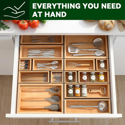 Bamboo Drawer Organizer 5 Pcs for Kitchen Multi-purpose Storage Dividers for Kitchen, Office, Jewelry, Cosmetics, Wooden Drawer Dividers for Drawer Organizer Desk Organizer Gift for Women Gifts Idea