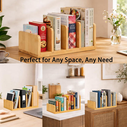 Natural Bamboo Cook Book Organizer Stand, 4 Slots Vertical Book Rack for Kitchen Countertop,Sturdy Recipe Book Holder & Binder Organizer,Easy to Assemble Cookbook Storage for Desk,Living Room