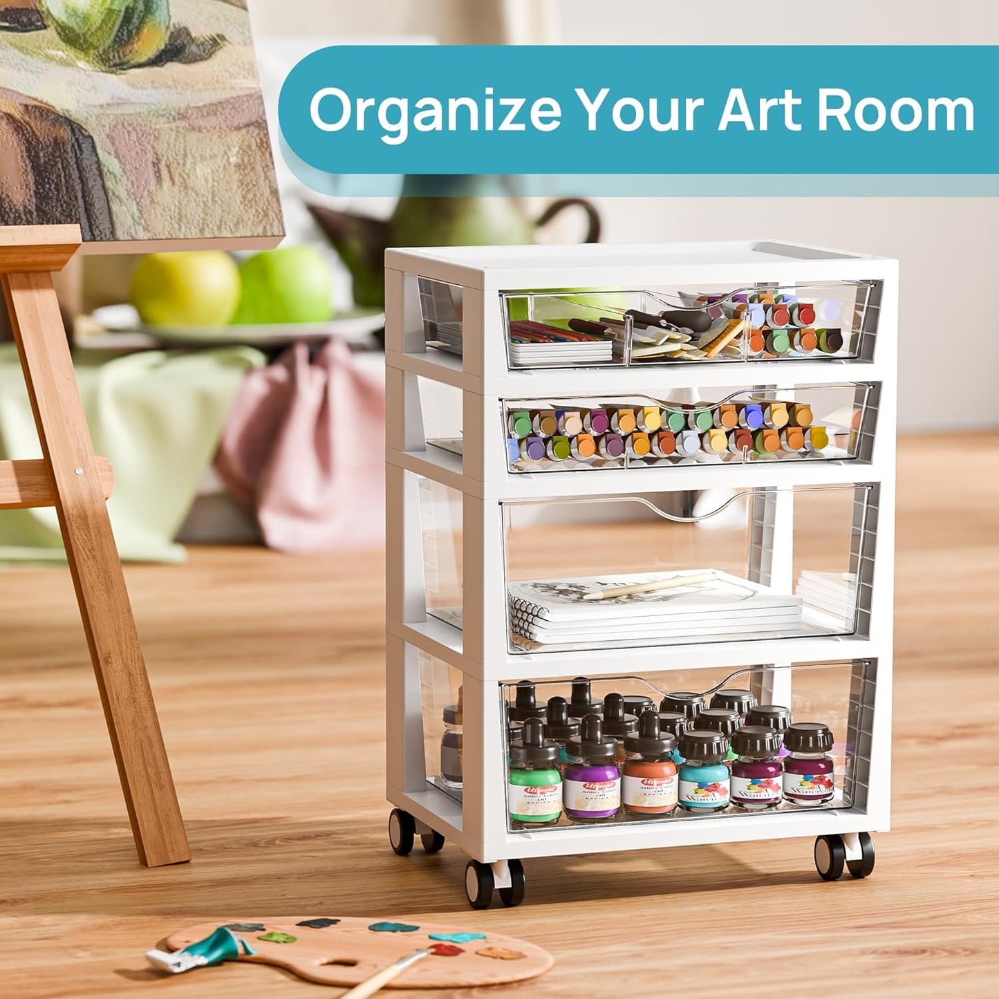Vtopmart Plastic Drawer Storage Rolling Cart with Wheels, 4-Tier Drawer Organizer for Art Crafts Supplies, Home Office Supplies, Toys, Under Desk Storage for Office, Craft Room, Bedroom, Classroom
