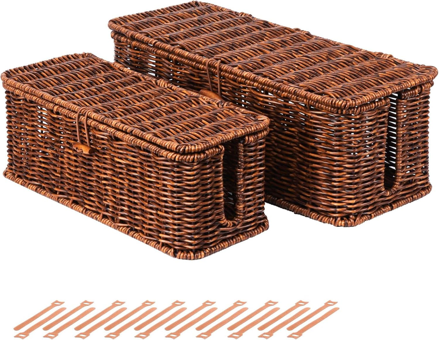 BROWNLILY Cable Management Box, Rattan Style Cord Organizer for Desk Cord Hider Outlet Covers Baby Proofing for Power Strip TV PC Router Charger Under Desk Storage with Lockable Lid and Cable Ties