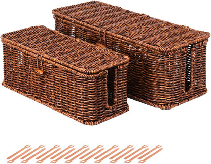 BROWNLILY Cable Management Box, Rattan Style Cord Organizer for Desk Cord Hider Outlet Covers Baby Proofing for Power Strip TV PC Router Charger Under Desk Storage with Lockable Lid and Cable Ties