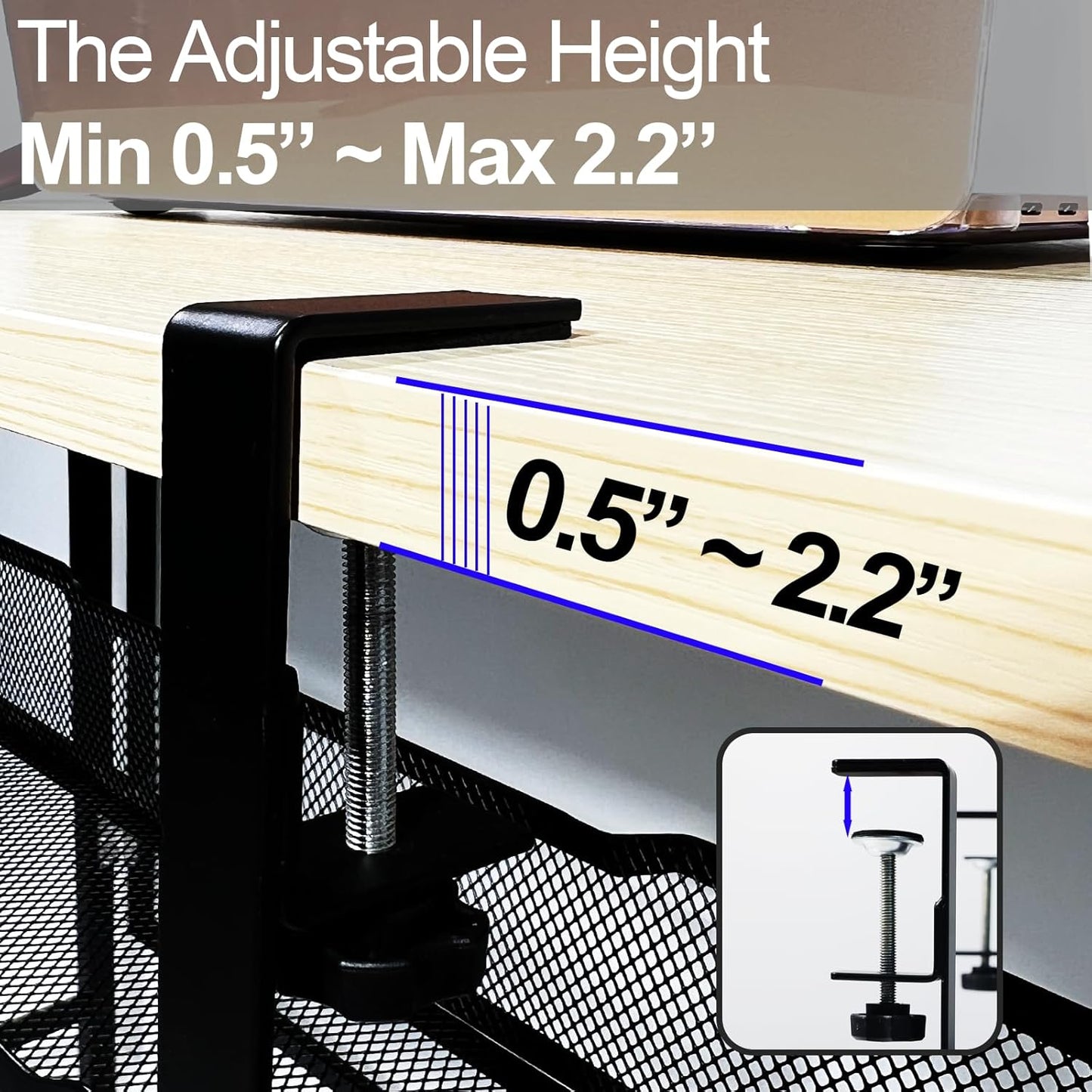 No Drill Under Desk Cable Management Tray with clamp-Premium Wire Tray Cord Organizer – Thin Steel Cable Tray Basket with Charger Holder for Desk–Black Cable Management Box–Easy to Install