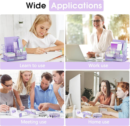 Purple Desk Organizers and Accessories, Purple Office Supplies with Mesh Desk Organizer, Acrylic Tape Dispenser and Stapler, Staples, Ballpoint Pen, Clips Set, Ruler, Scissor, Sticky Labels