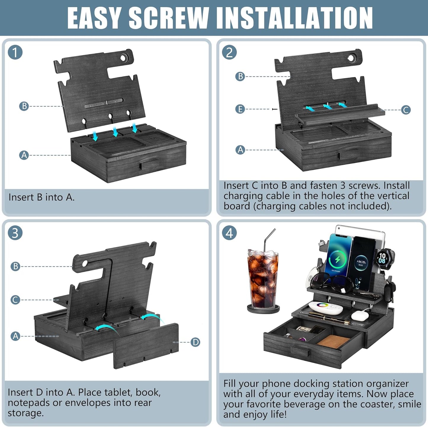 Black Wood Phone Docking Station for up to 3 Phones - Nightstand Organizer with Drawer for Valuables for Men & Women, Compatible With Apple Watch, Holds Phones, Tablets, Keys, Rings, Glasses, EDC