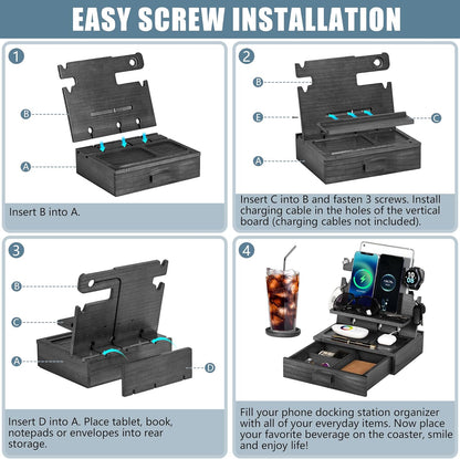 Black Wood Phone Docking Station for up to 3 Phones - Nightstand Organizer with Drawer for Valuables for Men & Women, Compatible With Apple Watch, Holds Phones, Tablets, Keys, Rings, Glasses, EDC