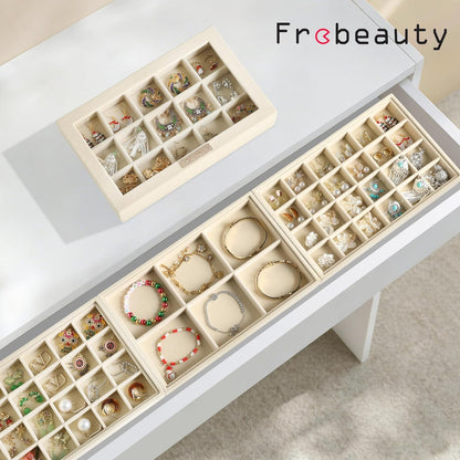 Frebeauty Stackable Jewelry Trays, Velvet Drawer Jewelry Organizer with Glass Lid,5 in 1 Multi-Functional Jewelry Storage for Earrings Necklaces Rings, 10.5 x 6.5 x 5.55 Inches Gift for Women(Beige)