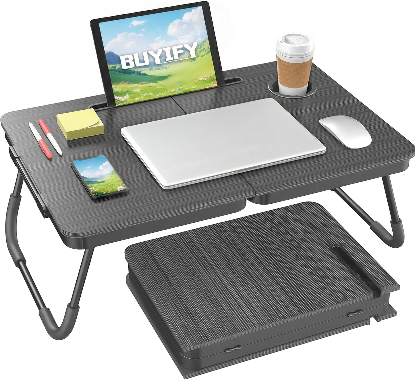 BUYIFY Foldable Laptop Bed Desk for Couch, Sofa - Large Lap Desk Tray Table with Cup Holder and Tablet Slot - Portable Notebook Stand for Eating, Writing, Studying and WFH -NEW-006