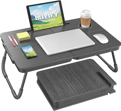 BUYIFY Foldable Laptop Bed Desk for Couch, Sofa - Large Lap Desk Tray Table with Cup Holder and Tablet Slot - Portable Notebook Stand for Eating, Writing, Studying and WFH -NEW-006